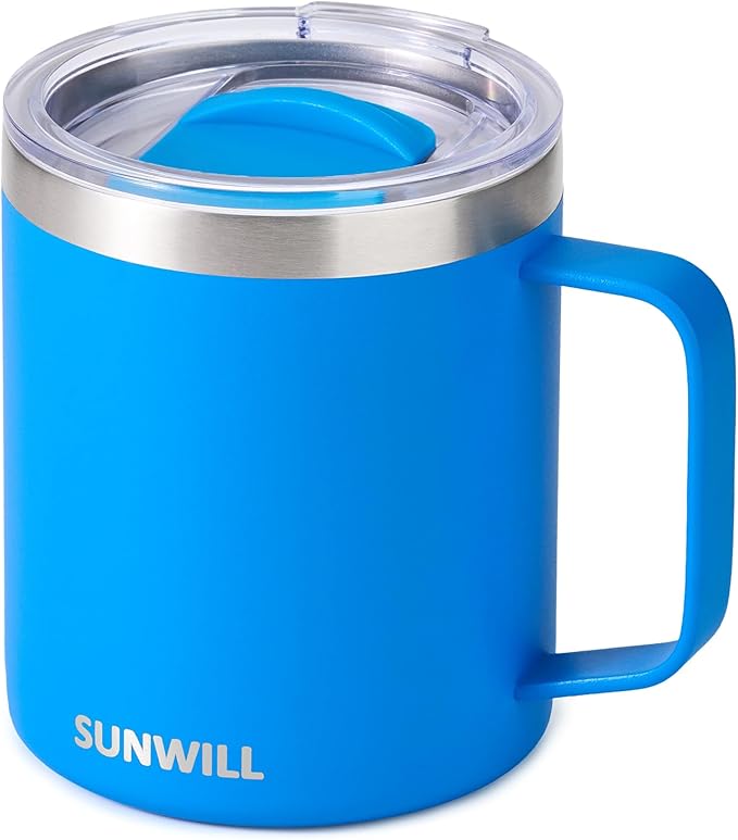 SUNWILL Insulated Coffee Mug with Lid, Travel Tumbler with Handle, 14 oz Stainless Steel Cup for Camping, Office, Home, Powder Coated Royal Blue
