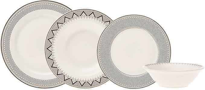 Karaca Globe 24-Piece Dinnerware Set for 6 People - Kitchen Dish Set for Salad, Soup, Pasta, Noodle & More - Modern Chic Porcelain Dishware Plate Set (White with Black Triangle Design)