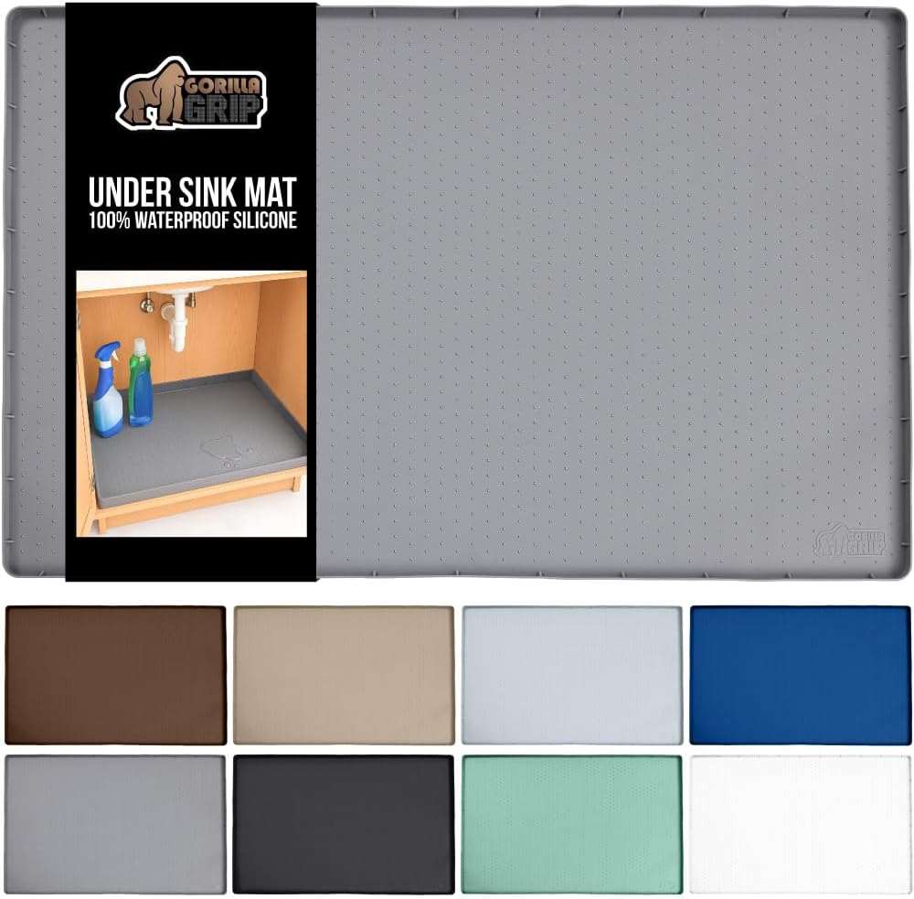 GORILLA GRIP Waterproof Silicone Under Sink Mat with Raised Lip for Kitchen and Bathroom, Cabinet Shelf Liner Stay in Place Mats Dishwasher Safe Drawer Liner, Organizer Tray, 19 x 22 in, Gray