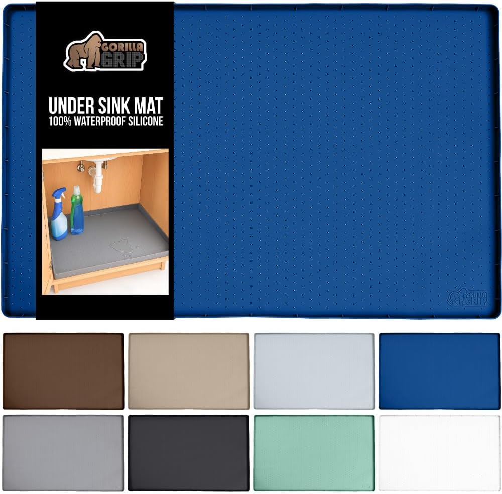 GORILLA GRIP Waterproof Silicone Under Sink Mat with Raised Lip for Kitchen and Bathroom, Cabinet Shelf Liner Stay in Place Mats Dishwasher Safe Drawer Liner, Organizer Tray, 15 x 22 in, Blue