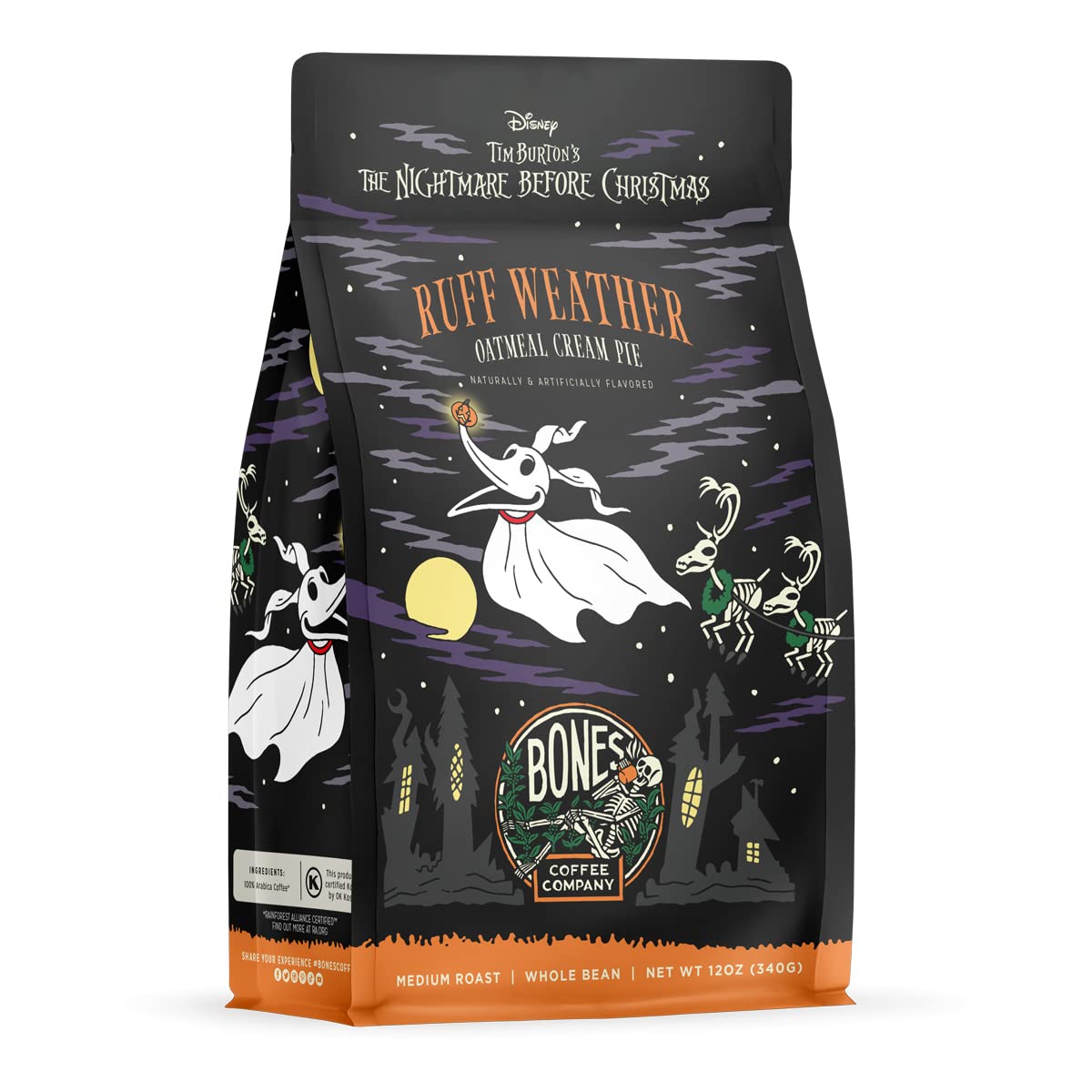 Bones Coffee Company The Nightmare Before Christmas Ruff Weather Flavored Coffee Beans, Whole Bean Coffee Medium Roast Low Acid, Oatmeal Creampie Flavor (12 oz)