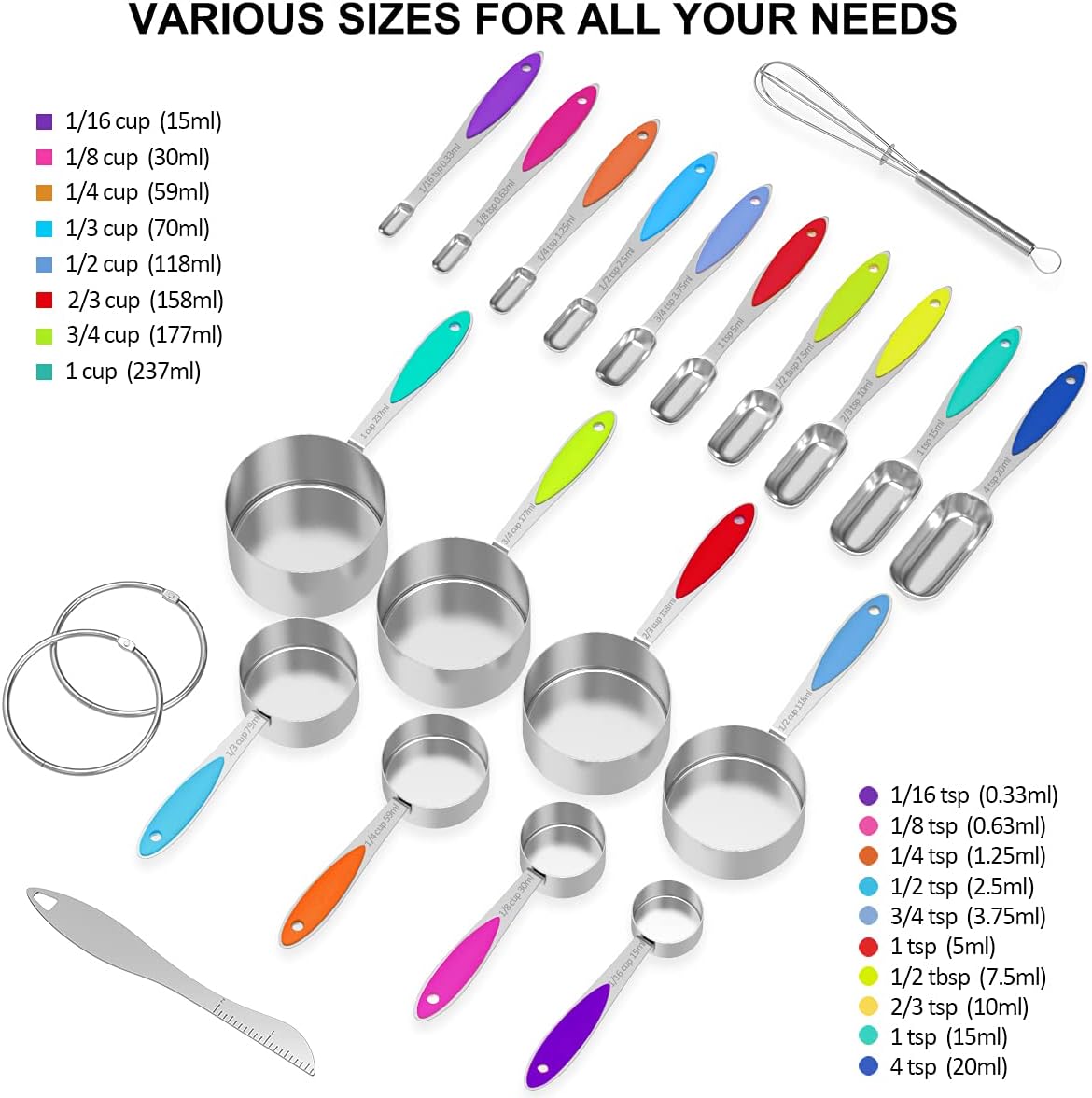 Measuring Cups and Measuring Spoons Set, Wildone Stainless Steel 8 Measuring Cups, 10 Measuring Spoons, 1 Leveler 1 Whisk & 5 Mini Spoons, for Dry and Liquid Ingredient - 25 Piece Multicolor