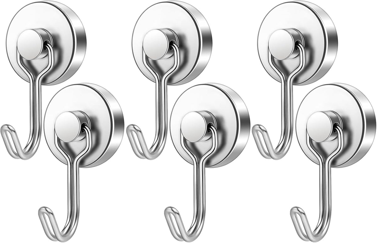 FINDMAG Magnetic Hooks, 60lbs+ Magnetic Hooks for Cruise Ship Essentials, Rare Earth Magnet Hooks Heavy Duty for Hanging, Magnetic Hanger for Garage, Grill, Fridge, Toolroom, Workplace, 6 Pack, Silver