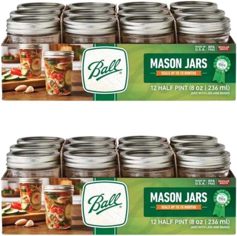 Ball Regular Mouth Glass Mason Jars with Lids and Bands, Used for Canning (Half Pint, 8 Ounce (Pack of 24))