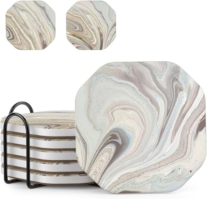 UMIRRO Ceramic Stone Coasters for Drinks Absorbent with Holder for Wooden Coffee Table, Stoneware Cup Coasters for Iced Cold or Hot Drinks, Moisture Socking, Marble Style, 4", Colorful, Gold, 6-Piece
