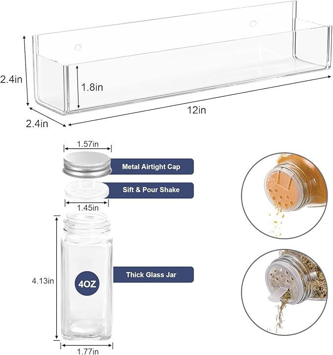 PMMASTO Adhesive Acrylic Spice Rack Organizer with 12 Empty Square Spice Jars, 238 Spice Labels with Chalk Marker and Funnel Complete Set for Kitchen Cabinet/Pantry Door (Clear - 2 Pack)