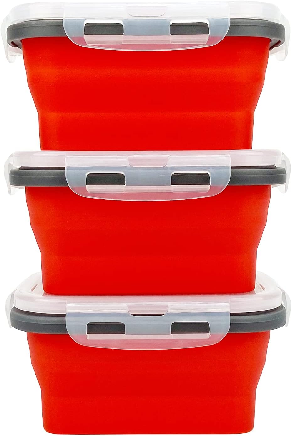 CCyanzi 3piece Collapsible Food Storage Containers with Lids, Silicone Lunch Container, Microwave & Freezer Safe, Space Saving for Kitchen Cabinet and Camping Backpack,(red gray)