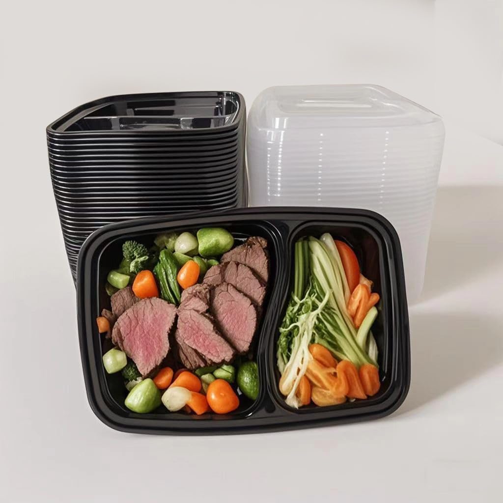 100pc 28 Oz 2-Grid Meal Prep Containers disposable, Plastic Food Take Out Containers With Lid, Take Out Containers Disposable, Reusable food storage containers,Microwave Freezer Dishwasher Safe