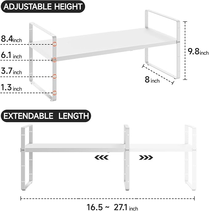 16.5-27’’L Expandable Cabinet Shelf Organizers, Stackable Metal Shelves Extender for Kitchen Countertop Storage, Adjustable Spices Shelves Rack Stand for Cupboard Pantry, White