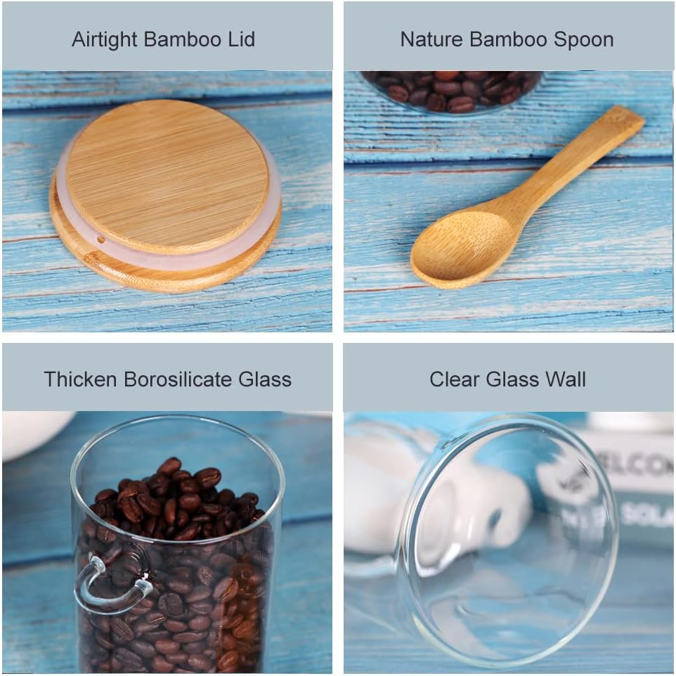 Glass Jars with Bamboo Lids and Spoon Set of 6, 17 OZ Coffee Sugar Container Set with Scoop, Overnight Oatmeal Jars Containers with Lids and Spoon for Loose Tea, Yogurt