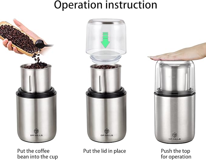 DR MILLS DM-7452 Electric Coffee Grinder,Spice Grinder Electric and Chopper,Detachable Cup, Diswash Free, Blade & Cup Made with SUS304 Stainless Steel