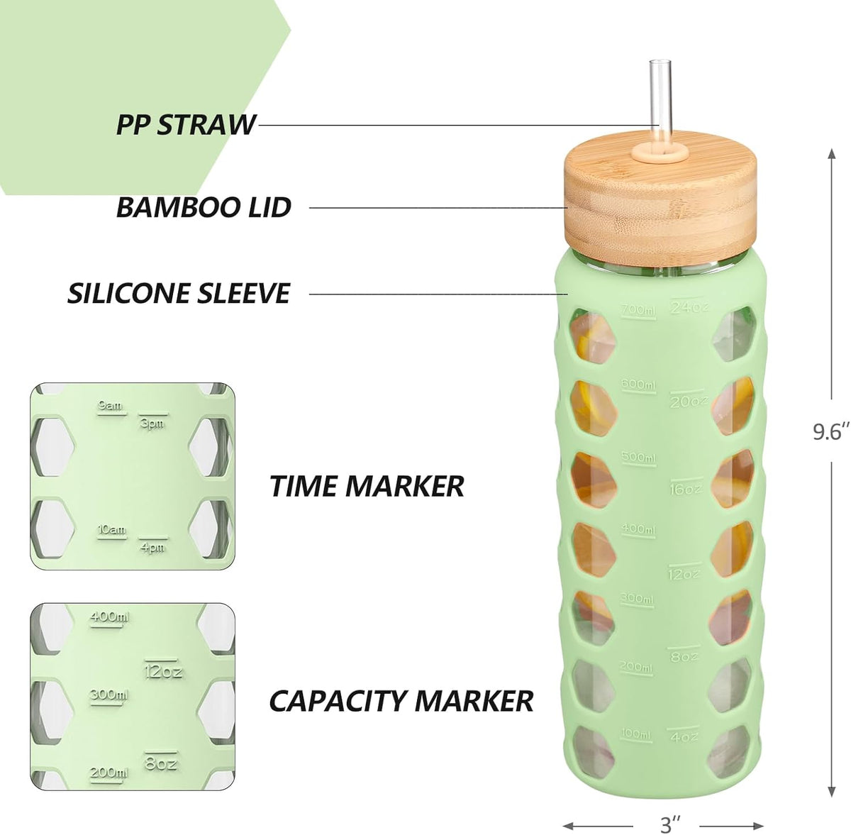 MUKOKO Glass Water Bottles,24oz Glass Tumbler with Straw,Drinking Bottles with 2 Lids-Handle Spout Lid&Bamboo Straw Lid,Motivational Water Bottle with Time Marker and Silicone Sleeve,1 Pack-Mustard