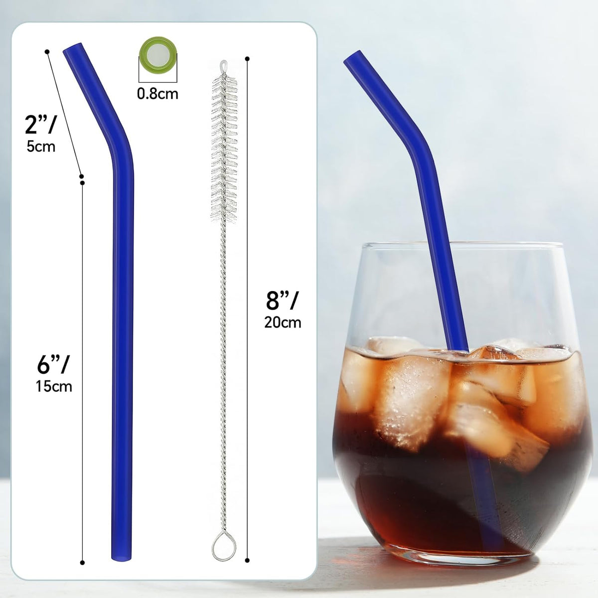 12 Pcs Reusable Glass Straws 8"x 8 mm Bent Glass Drinking Straws with Cleaning Brush for Tea, Smoothies, Milkshakes, Juices,Beverages(dark blue)