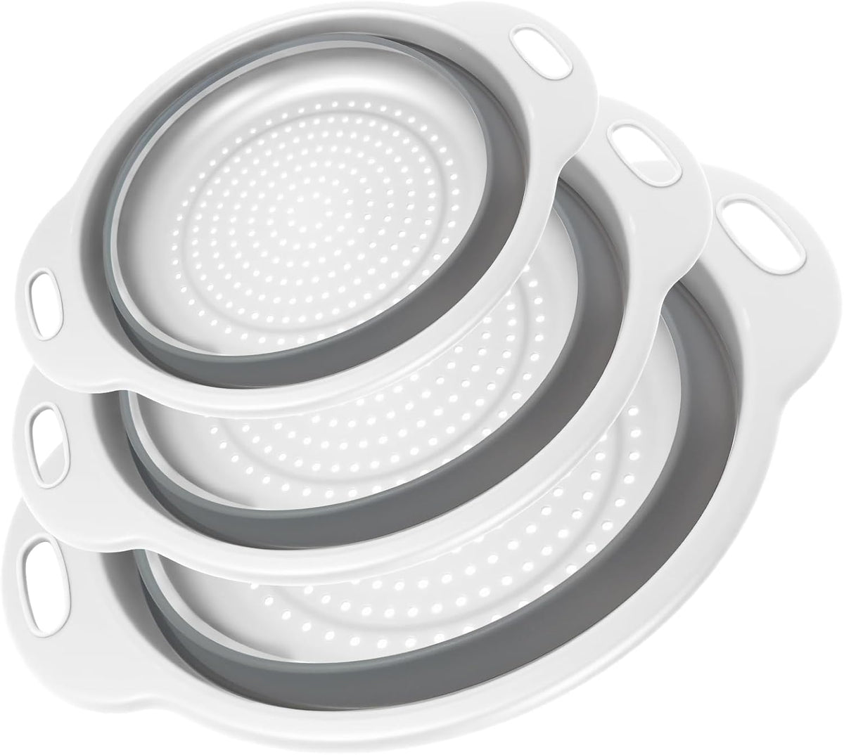 Collapsible Colander 3-Pack Set Space-Saving Foldable Kitchen Strainer with Non-Slip Base Durable Thickened PP+TPE Collapsible Strainers for Pasta, Vegetables, Fruits (Gray-White)