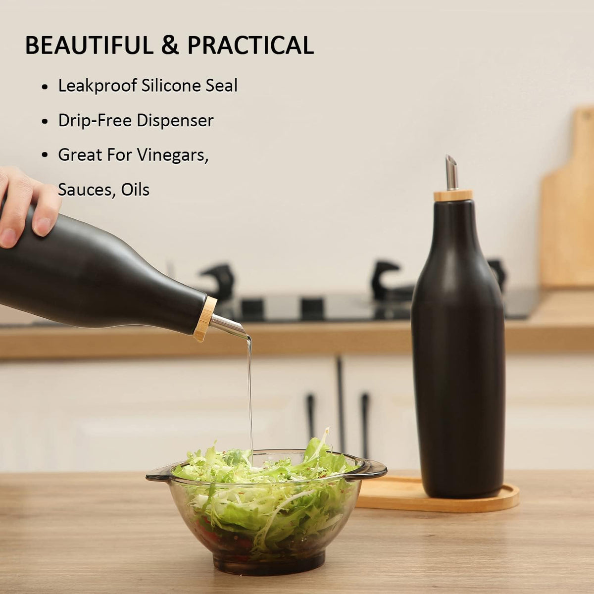 HOMCDALY Ceramic Olive Oil Dispenser for Kitchen, Stoneware 16oz Oil and Vinegar Bottles Dispenser, Kitchen Dispenser Bottle for EVOO Vinegar Syrups, Modern Farmhouse Design(B)