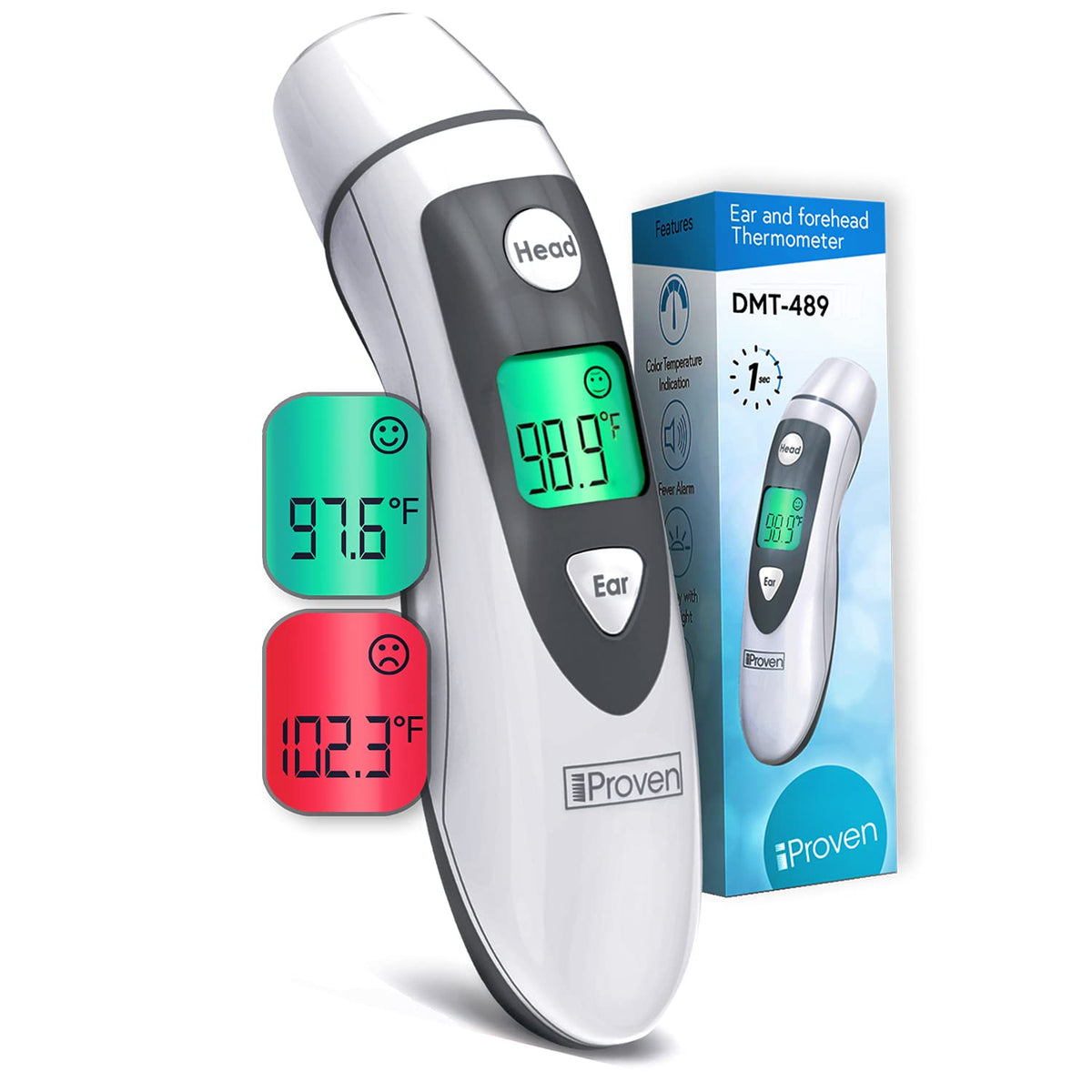 iProven Thermometer for Adults Forehead and Ear - Fever Alarm, 1 Second Reading, Color Temperature Indicator, 20 Readings Memory Recall, Medical Thermometer for Adults (White/Grey)