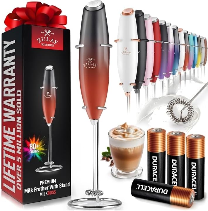 Zulay Kitchen Powerful Milk Frother Wand With 4 AA Duracell Batteries - Ultra Fast Handheld Drink Mixer - Electric Whisk Foam Maker for Coffee, Lattes, Cappuccino, Matcha & Creamer -