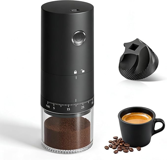 LAMIDO Portable Electric Burr Coffee Grinder - Grind While Charging - 38 External Adjustable Grind Settings - 1.8X Faster Grinding - 2000 mAh Rechargeable Battery for Travel, Camping - Matte Black