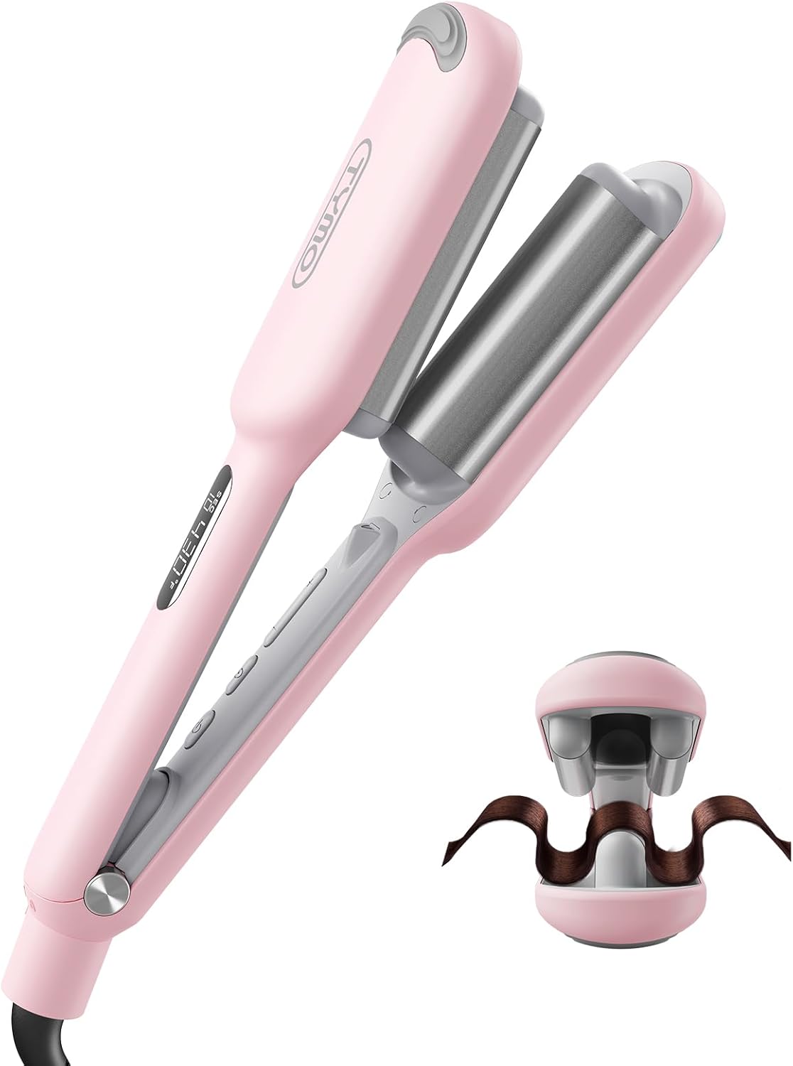 Curling Iron Hair Crimper Waver - TYMO ROVY Beach Waves Curling Wand, Ionic Deep Waver Hair Curler Tool with Ceramic 3 Barrel for Women, Dual Voltage, Anti-Scald, Easy to Use, Pink, 1 Inch
