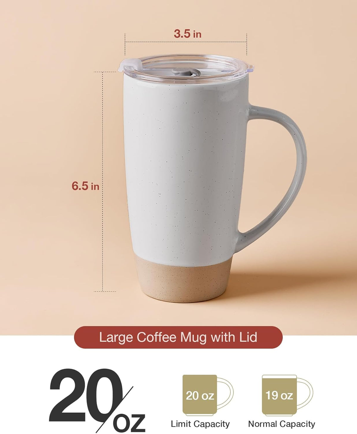 famiware Milkyway Coffee Mugs, 20oz Large Coffee Mug, Ceramic Mug Set of 2 with Lid, Cup Set with Handle for Latte, Tea, Cocoa, Milk, Home & Office, Light Gray