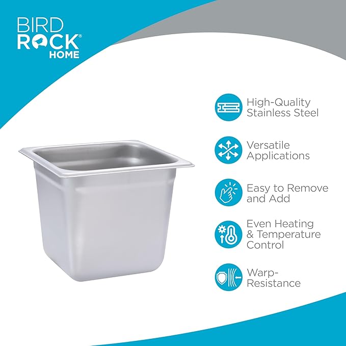 BIRDROCK HOME Stainless Steel Steam Table Pan - Hotel, Restaurant & Catering Supplies - 24 Gauge Steel, 2.6 qt Capacity - Meal Prep, Cooking, & Food Storage Container - 6" Depth, 1/6-Size (6 Pack)