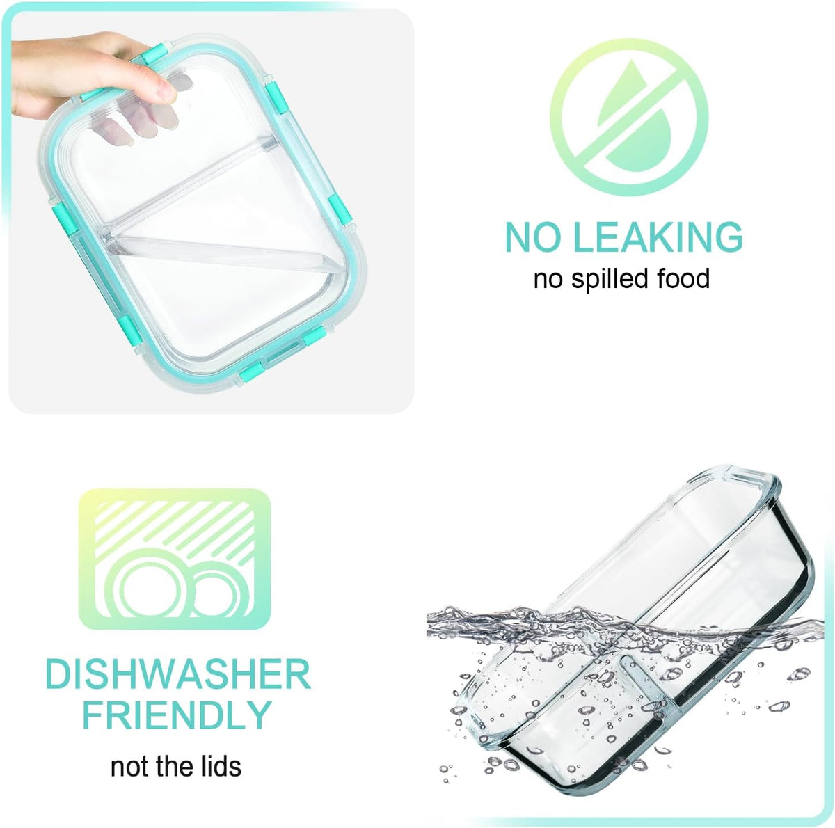 [5-Pack,36 Oz]Glass Meal Prep Containers 2 Compartments Portion Control with Upgraded Snap Locking Lids Glass Food Storage Containers, Microwave, Oven, Freezer and Dishwasher (4.5 Cups, Green)
