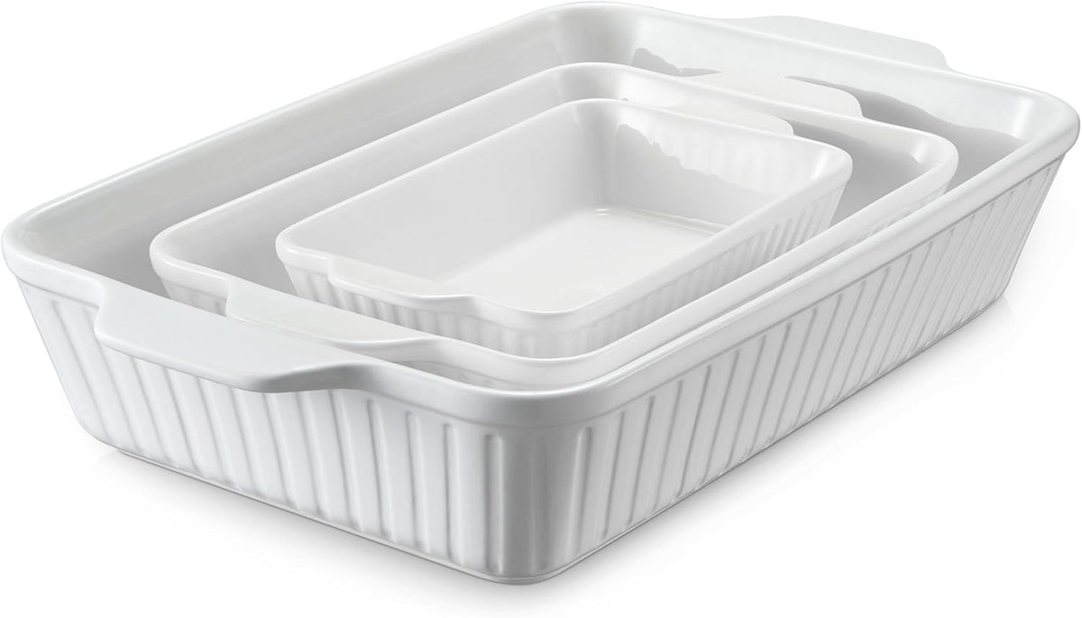DOWAN Casserole Dishes for Oven, Baking Dishes Set, Ceramic Bakeware Sets of 3, Lasagna Pan Deep, Rectangular Baking Pan Set with Handles for Baking, Casserole, Kitchen, Wedding Gift, Soft White (15.6''/12.2''/8.9'')