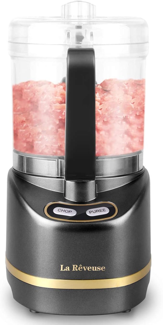 La Reveuse Electric Mini Food Processor with 200 Watts 2-Cup Prep Bowl for Mincing Chopping Grinding Blending Pureeing (Metallic Grey)