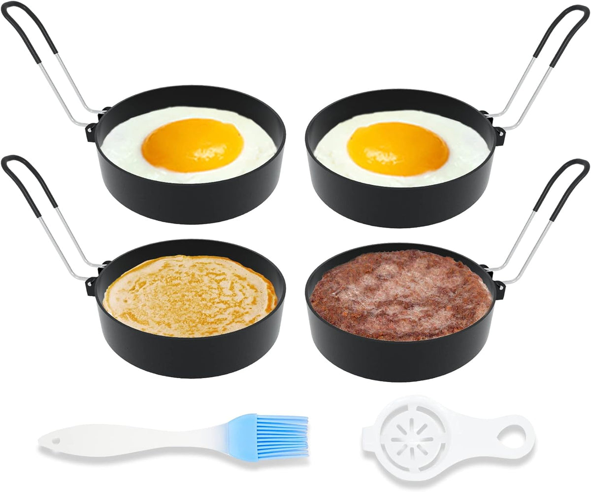 Stainless Steel Egg Rings for Frying Eggs（4 Pack） - 3.5" Round Non Stick Griddle Rings with Oil Brush, Egg Sandwich/Pancake/Cooking Molds, Breakfast Maker Accessories & Egg Separator