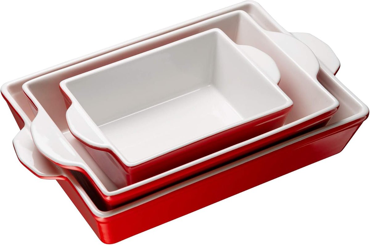 Kook Casserole Dish, Ceramic Baking Dish, Large Lasagna Pan Deep for Oven, 8.5 x 14, 11 x 7, 8 x 5, Set of 3, 92oz, 50oz, 20oz, Baking Pan with Handles, Oven Safe and Durable, Home, Gift, (Cherry Red)
