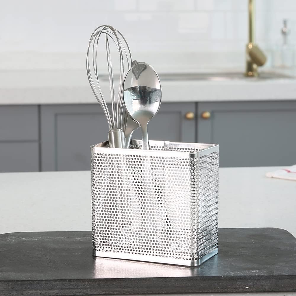 LENITH Kitchen Utensil Chopsticks Perforated Holder with Hooks - 304 Stainless Steel Storage for Organizer Dishwasher Safe (Small Rectangle)