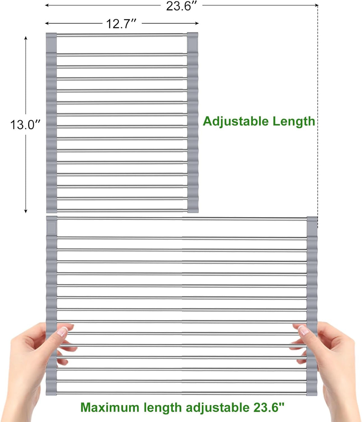 Expandable Roll Up Dish Drying Rack, 23.6"L x 13.0"W Large Stainless Steel Over The Sink Dish Drying Rack with Silicone Wrapped Anti-Slip Foldable Multipurpose Dish Drainers for Kitchen Sink
