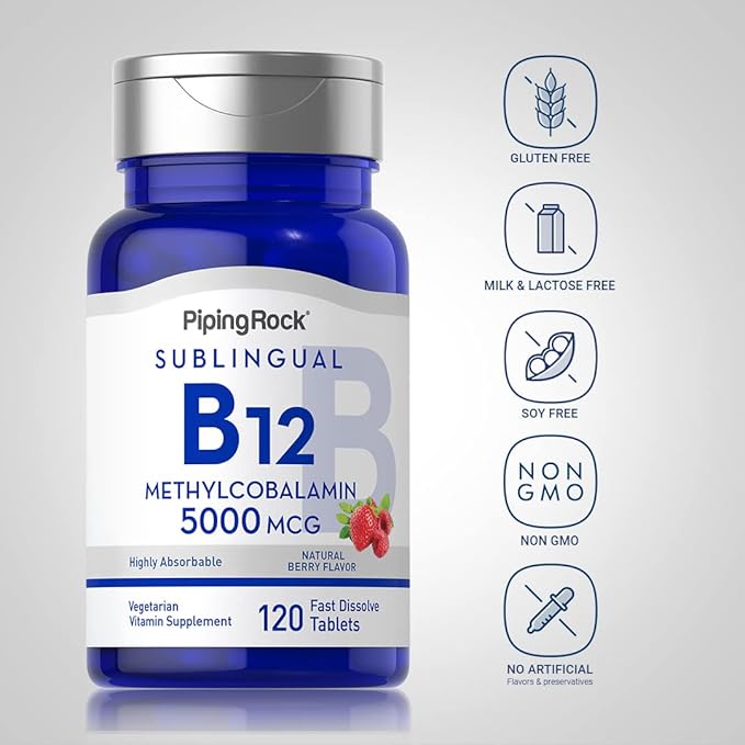 Piping Rock B12 Vitamin 5000 mcg | 120 Tablets | Sublingual Methylcobalamin Supplement | Berry Flavor, Vegetarian, Non-GMO, Gluten Free