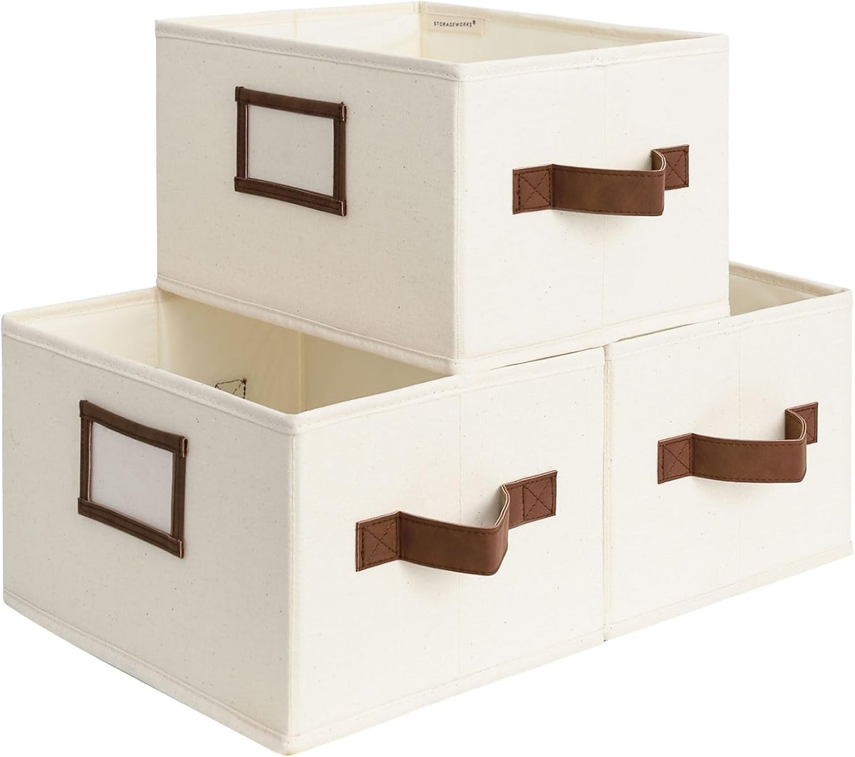 StorageWorks Storage Baskets for Shelves, Foldable Fabric Closet Storage Bins with PU Handles, Fabric Storage Bins Clothes Organizer, Ivory White, 3-Pack, Small