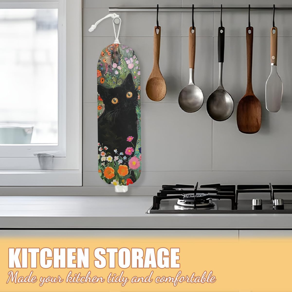 Flower Cat Plastic Bag Holder, Wall Mount Grocery Bag Holder, Plastic Storage bag, Pull Rope Free Adjustment, Plastic Bag Holders for Grocery Bags, Plastic Bag Dispenser for Home Kitchen Pantry