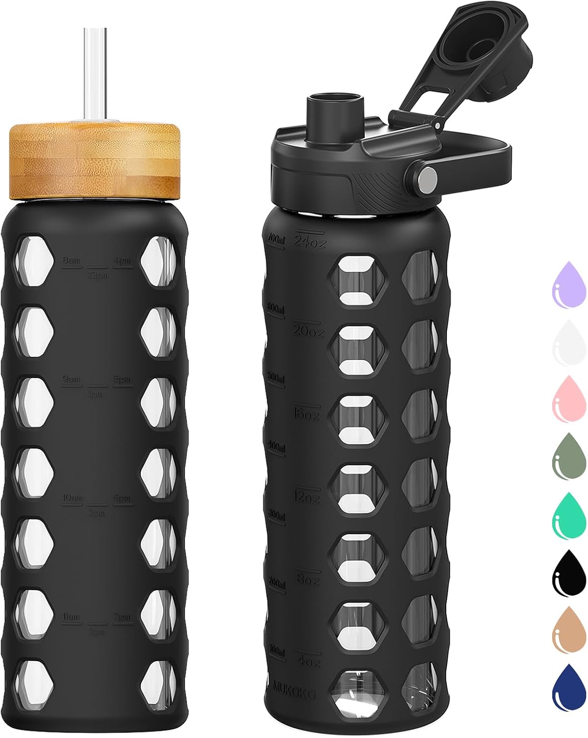 MUKOKO Glass Water Bottles, 24oz Glass Tumbler with Straw, Drinking Bottles with 2 Lids-Handle Spout Lid&Bamboo Straw Lid, Motivational Water Bottle with Time Marker and Silicone Sleeve, 1 Pack-Black