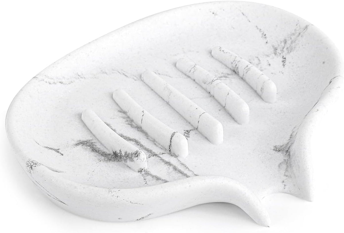 Soap Dish with Drain- Self Draining Bar Soap Holder for Shower, Marble Look Soap Savers Soap Tray Sponge Holder for Kitchen, Bathroom, Bathtub Sink, White