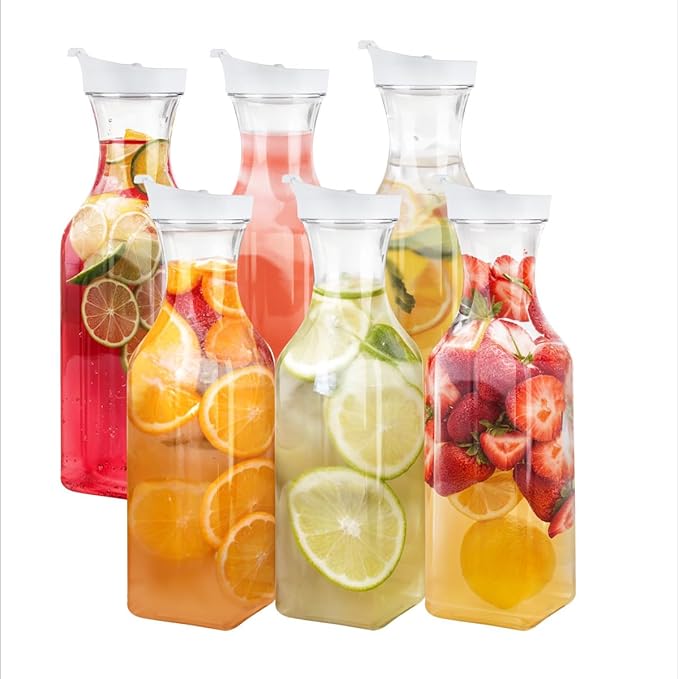 GUSTO [50 oz - 6 Pack] Plastic Carafe with Lid, Large Capacity Square Base - Clear Pitcher with Flip Top Lid, Easy-Pour Spout Juice Containers with Lids - Perfect for Mimosa Bar, Water, and Cold brew