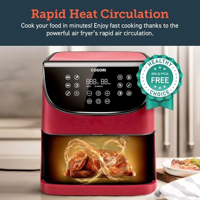 COSORI Air Fryer 5.8QT Oil-Free XL Electric Hot Air Fryers Oven, Programmable 11-in-1 Cooker with Preheat & Shake Reminder, Equipped Digital Touchscreen and Nonstick Basket, 100 Recipes, Red