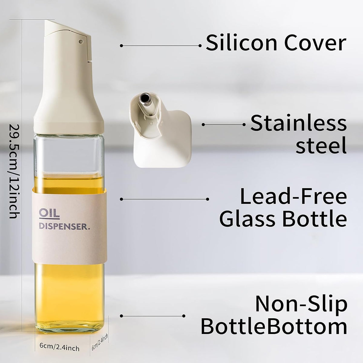 Olive Oil Dispenser for Cooking - 16oz Leakproof Glass Oil Dispenser Bottle with Gravity Spout, Air Fryer, BBQ, Healthy Salad & Non-Stick Pans, BPA-Free, Easy to Refill and Use, Light Grey