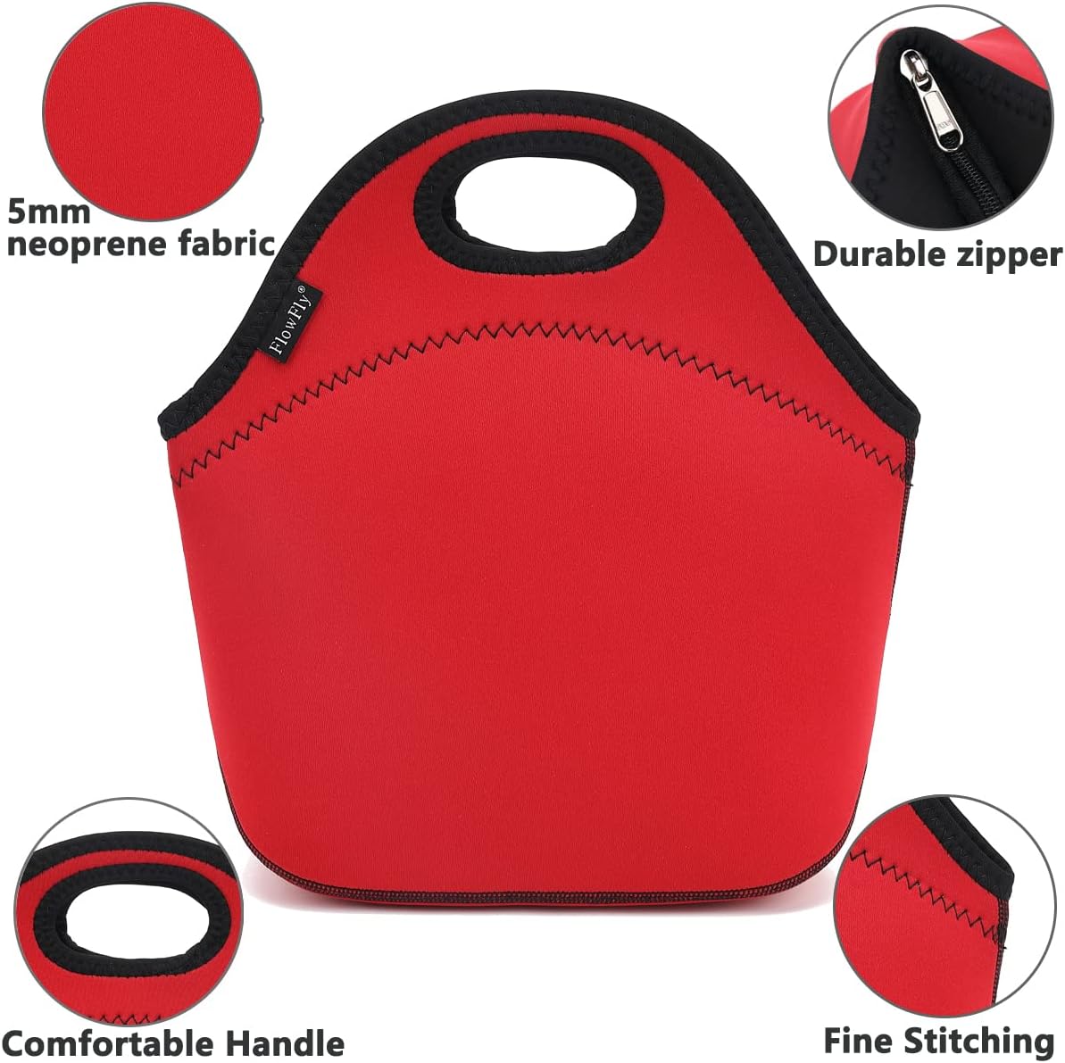 FlowFly Neoprene Lunch Tote Insulated Thermal Reusable Lunch Bag Box for Boys Men with Zipper (Red)