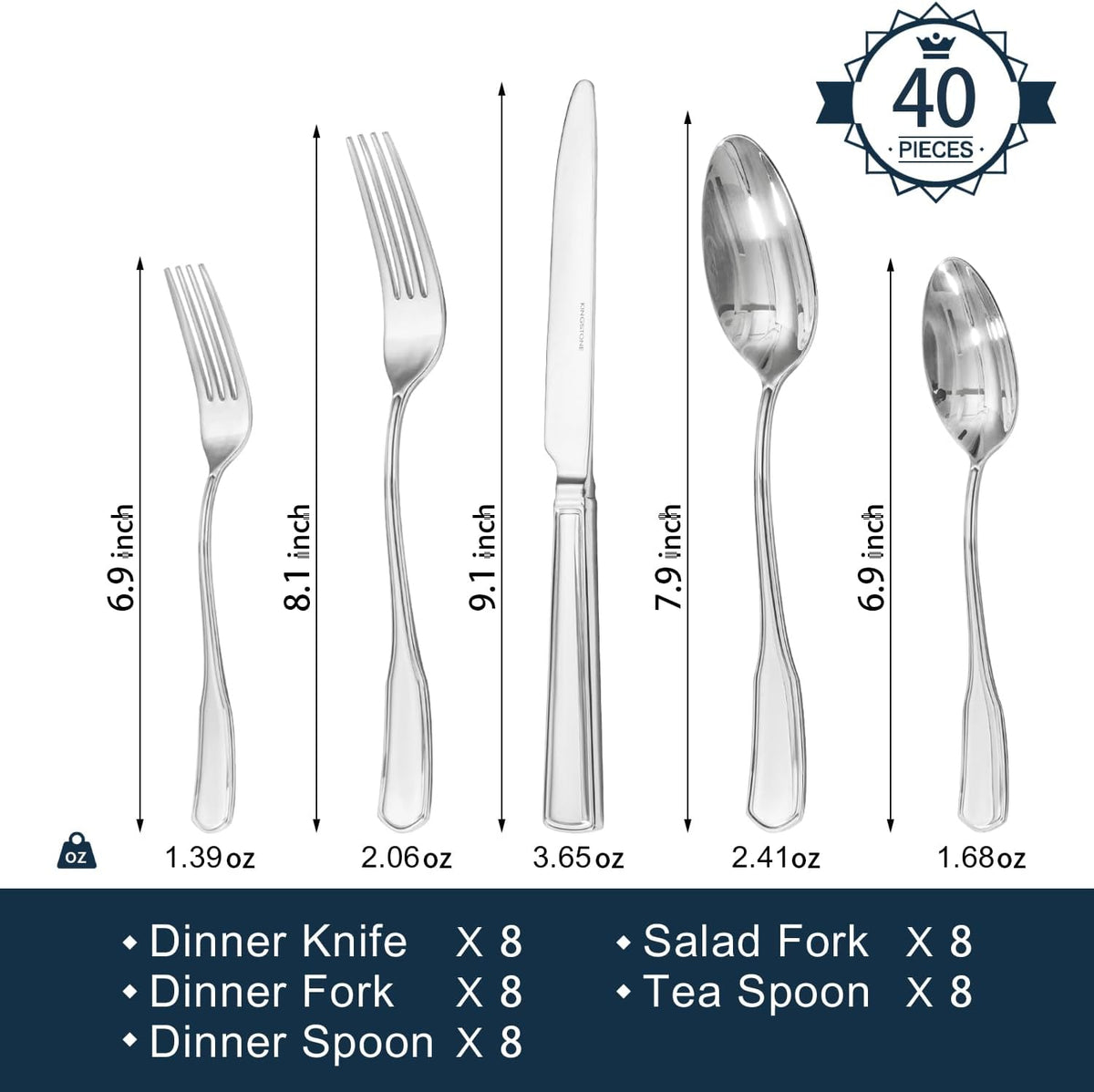 KINGSTONE 40-Piece Silverware Set, 18/10 Stainless Steel Flatware Set for 8, Tableware Cutlery Set, Utensil Sets for Home Restaurant, Mirror Finish, Dishwasher Safe