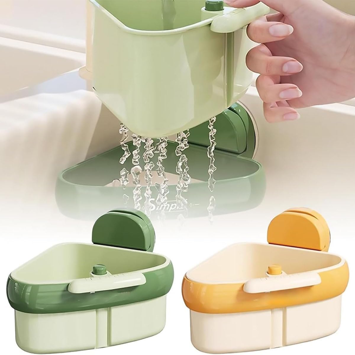 Suction Cup Sink Corner Rack, Triangular Sinks Basket Shelf with Suction Cup Sucker, Plastic Sink Storage Rack Holder, Trash Catcher, Corner Hanging, for Kitchen Bathroom Dishware(Green)