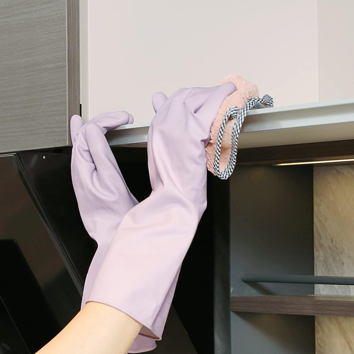 COOLJOB Small Household Rubber Gloves with Cotton Liner & Non-slip Grip, Waterproof Long Lasting Dishwashing Gloves for Kitchen & Bathroom Cleaning, Purple, 1 Pair