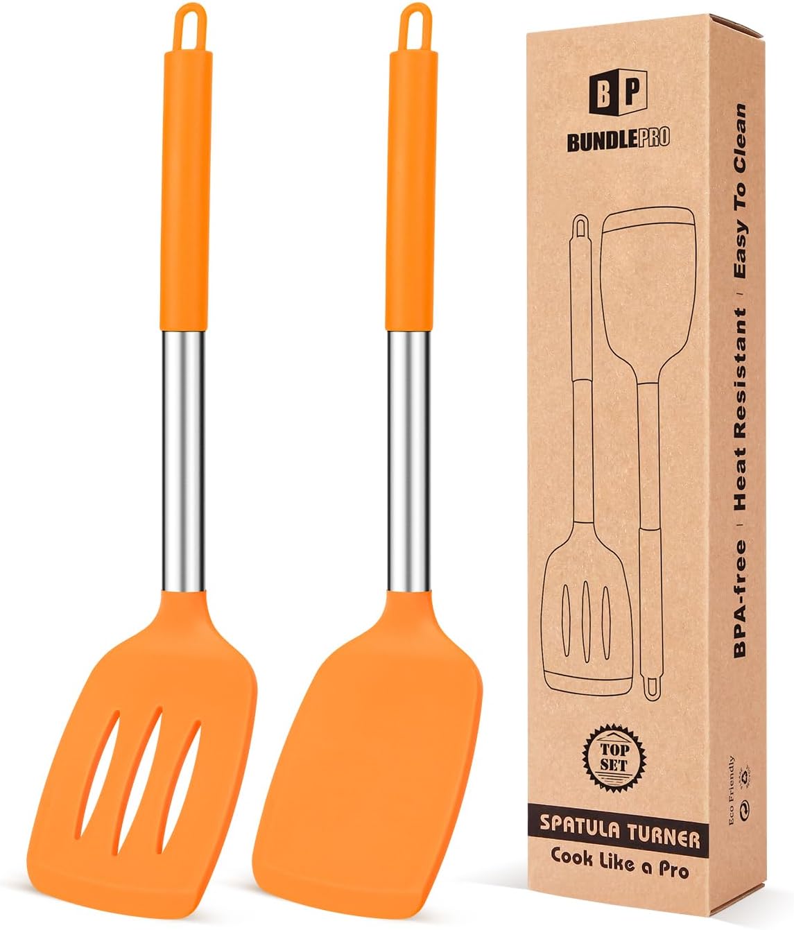 Pack of 2 Silicone Solid Turner, Non Stick Slotted Kitchen Spatulas, High Heat Resistant BPA Free Cooking Utensils, Ideal Cookware for Fish, Eggs, Pancakes (ORANGE)