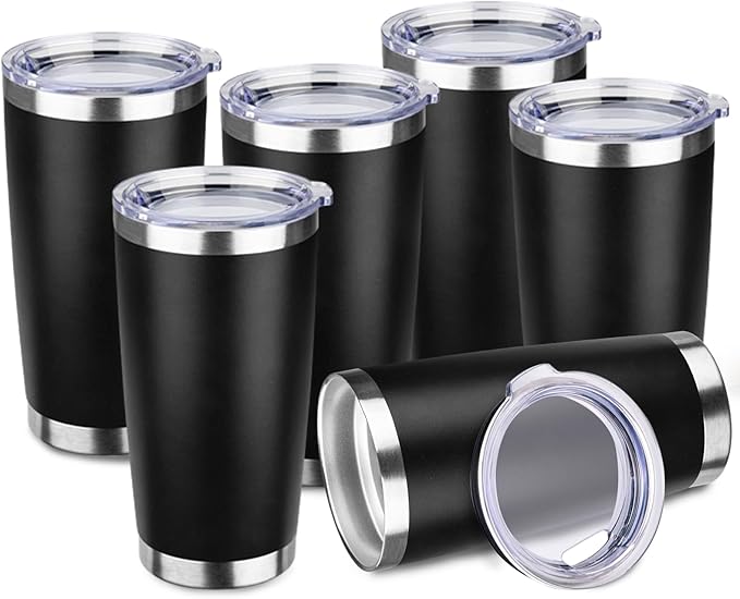 StarSpeed 20oz Tumbler Bulk with Lid, Stainless Steel Insulated Tumblers Double Wall Vacuum Insulated Travel Mug, Powder Coated Coffee Cups for Hot and Cold Drinks(Black,6)