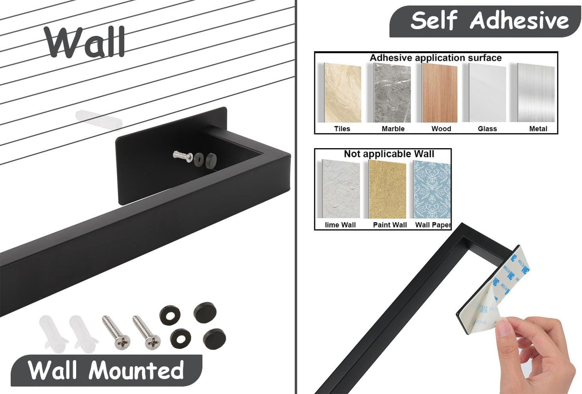Bathroom Towel Bar Self Adhesive, No Drilling Towel Rack Easy to Install,Hand Towel Holder Made of Premium Stainless Steel Sticky on Hand Towel Hanger for Kitchen, Toilet(12IN, Black)