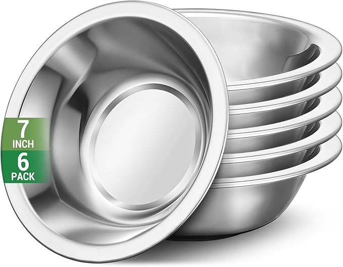 304(18/8) Stainless Steel Mixing Bowls for Kitchen, 6 Pack 7" 21.22 fl.oz Metal Mixing Bowls Set Stackable for Baking Serving Cooking Food Prep Storage Dishwasher Safe Lightweight