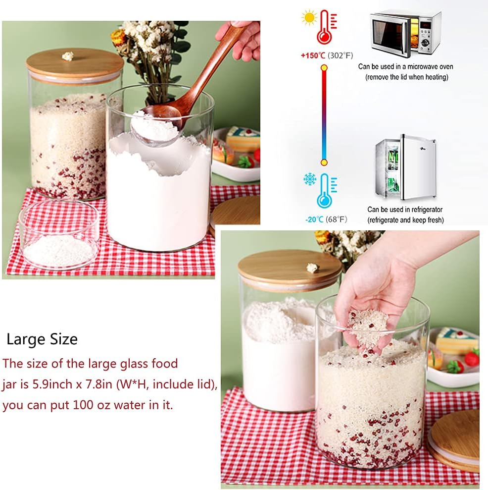 Glass Flour Container with Airtight Bamboo Lid, Large Glass Food Jar with Wooden Lid for Storage Flour, Sugar, Cookies, Rice, Coffee Beans and etc (3L)