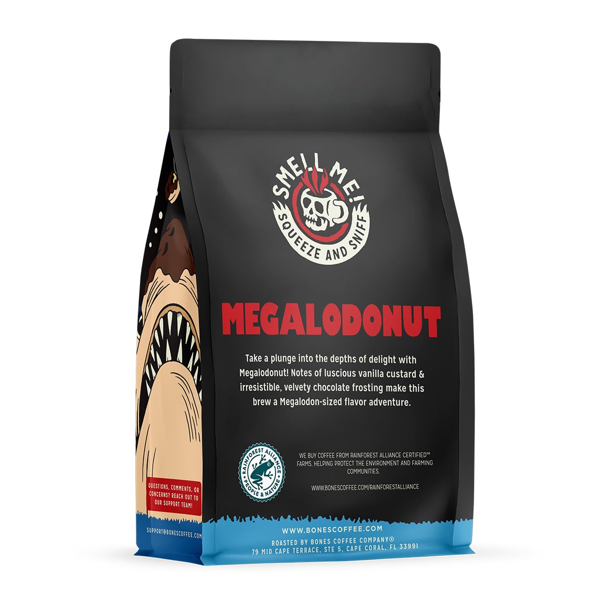 Bones Coffee Company Megalodonut, Boston Cream Donut Flavored Coffee, Medium Roast Low Acid Arabica Beans Compatible with Auto drip and French Press Coffee Maker, 12 Oz Ground